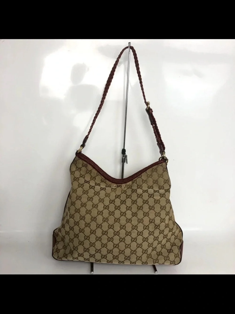 Gucci Beige Monogram Hobo with Brown Leather Trim and Tassel
